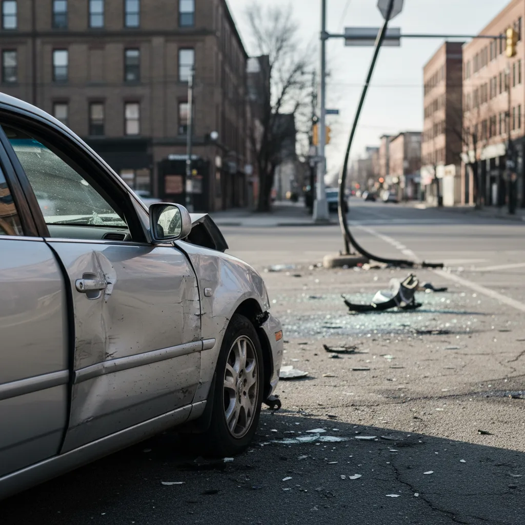 Empty intersection with a police report form and pen on a car dashboard