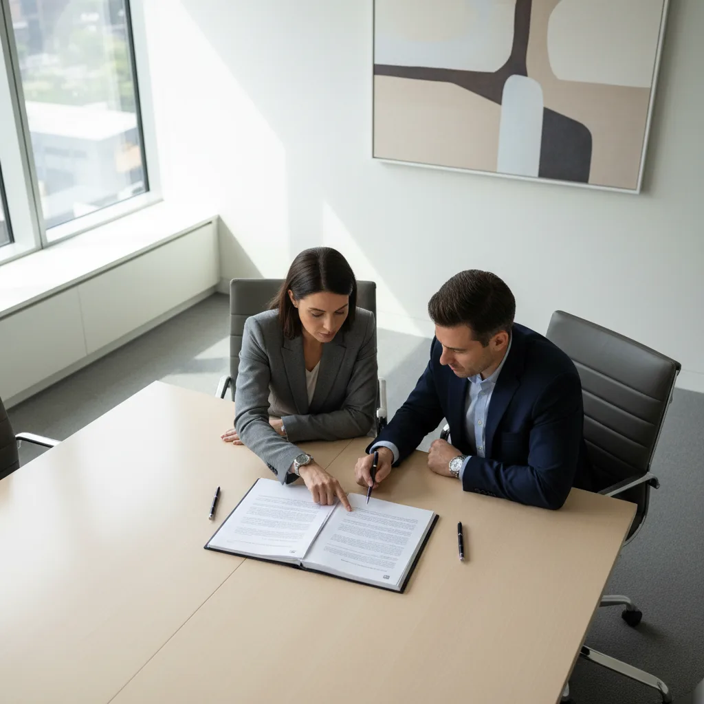 Two people reviewing a business contract at a conference room table