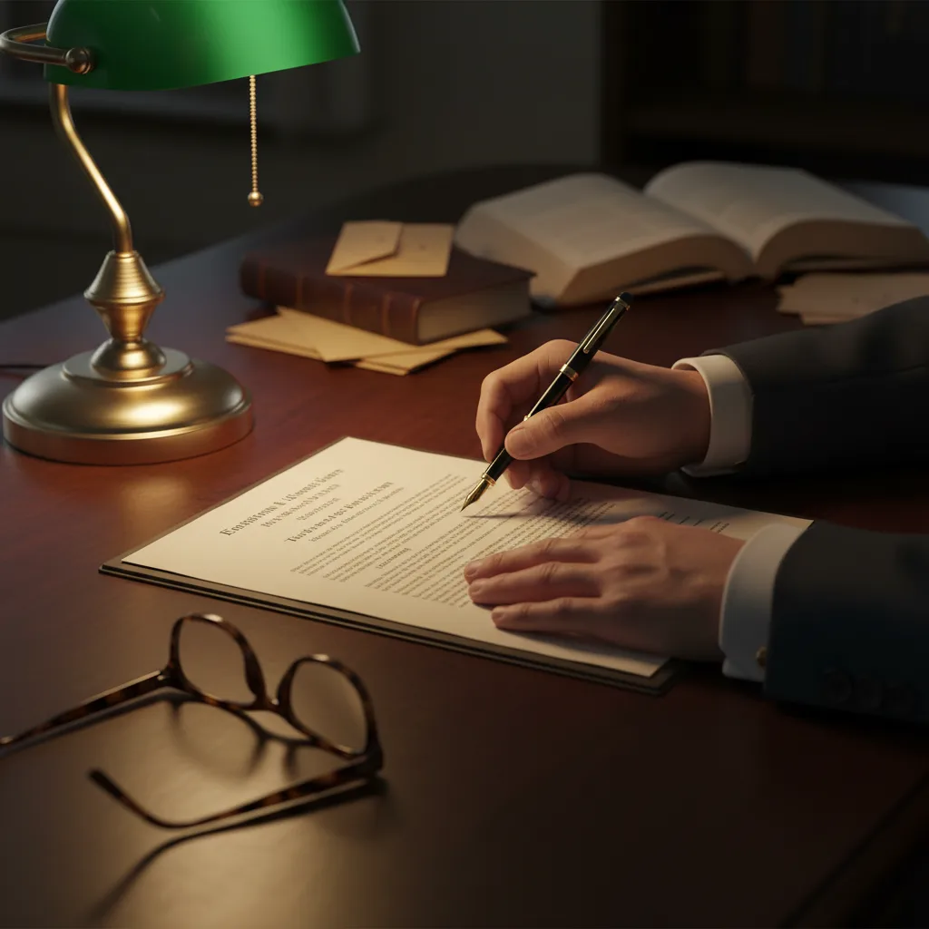 Person signing legal documents at a desk with reading glasses and a pen