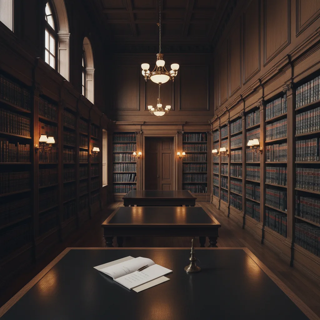Law library with rows of legal volumes, warm library lighting